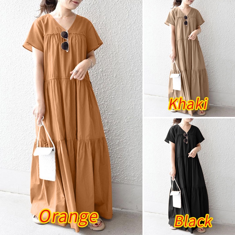 Đầm dài Zanzea cổ chữ v tay ngắn màu trơn thời trang phong cách Hàn Quốc cho nữ