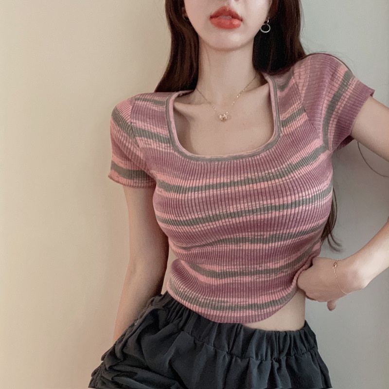 Áo Thun Ngắn Tay Cổ Vuông Họa Tiết Kẻ Sọc Màu Tương Phản Thời Trang Mùa Hè Dễ Phối Đồ Cho Nữ