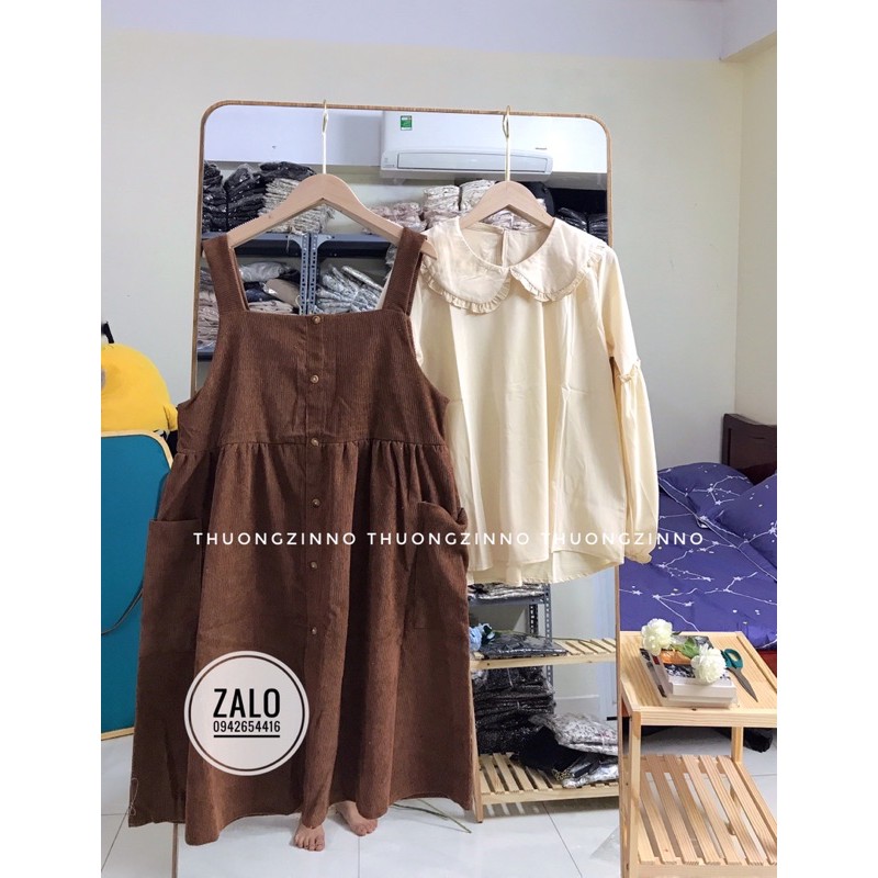 [Ảnh thật/Video] Set yếm nhung vintage dáng babydoll kèm áo cổ sen tiểu thư Set yếm vintage phong cách Hàn Quốc