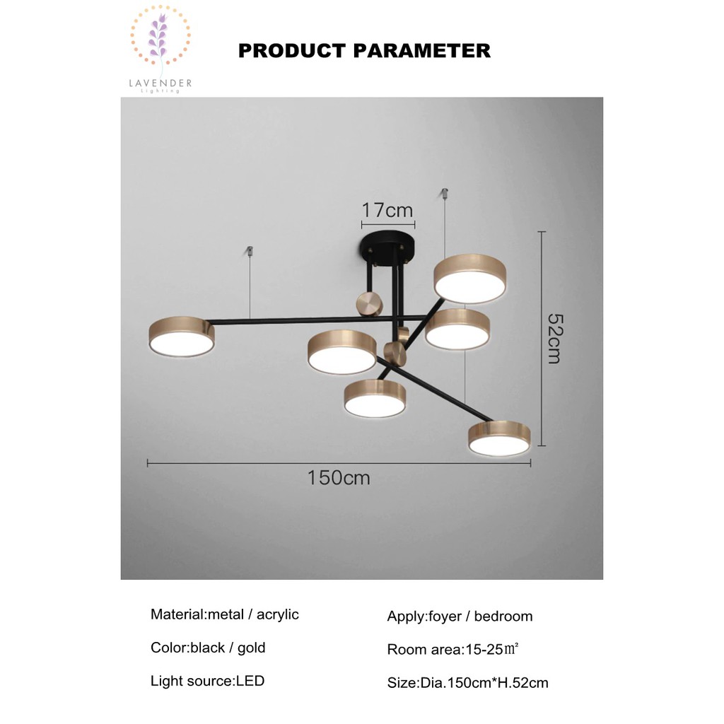 Đèn thả chùm 6 đầu mạ vàng thân đen hiện đại TH276
