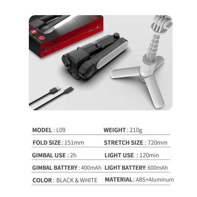 Gậy tự sướng Selfie Mini Gymbal điện thoại  L09 chống rung giá rẻ dùng quay Vlog - Tiktok Có Đèn Led gimbal