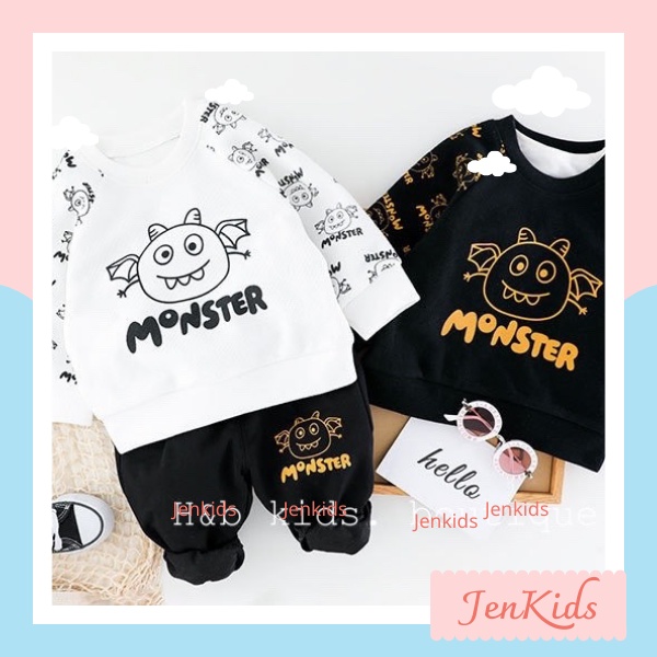 BỘ ĐỒ THU ĐÔNG MONSTER dài tay chất liệu da cá 2 màu cho bé trai,bé gái 7-16kg