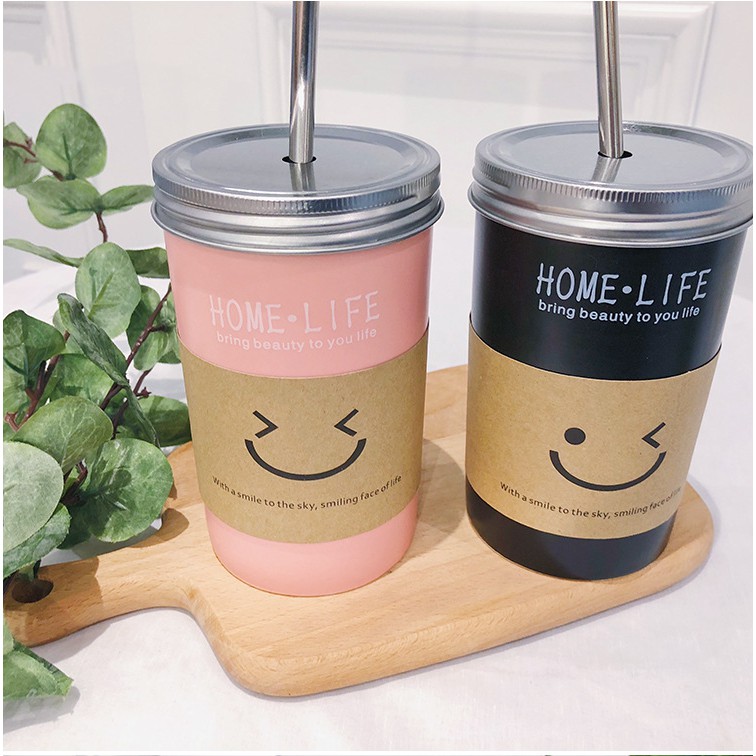 HCM - Ly sứ Home Life 450ml màu pastel ngọt ngào kèm ống hút inox 304