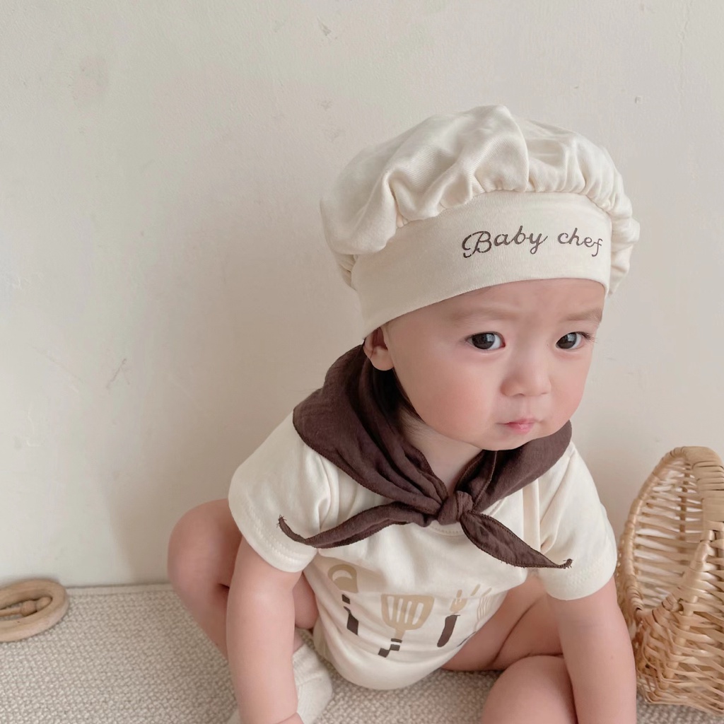 Bộ Áo Liền Quần Tay Ngắn In Hình Nồi Nấu Ăn Nhỏ Dễ Thương Kèm Nón Cho Bé 0-2 Tuổi