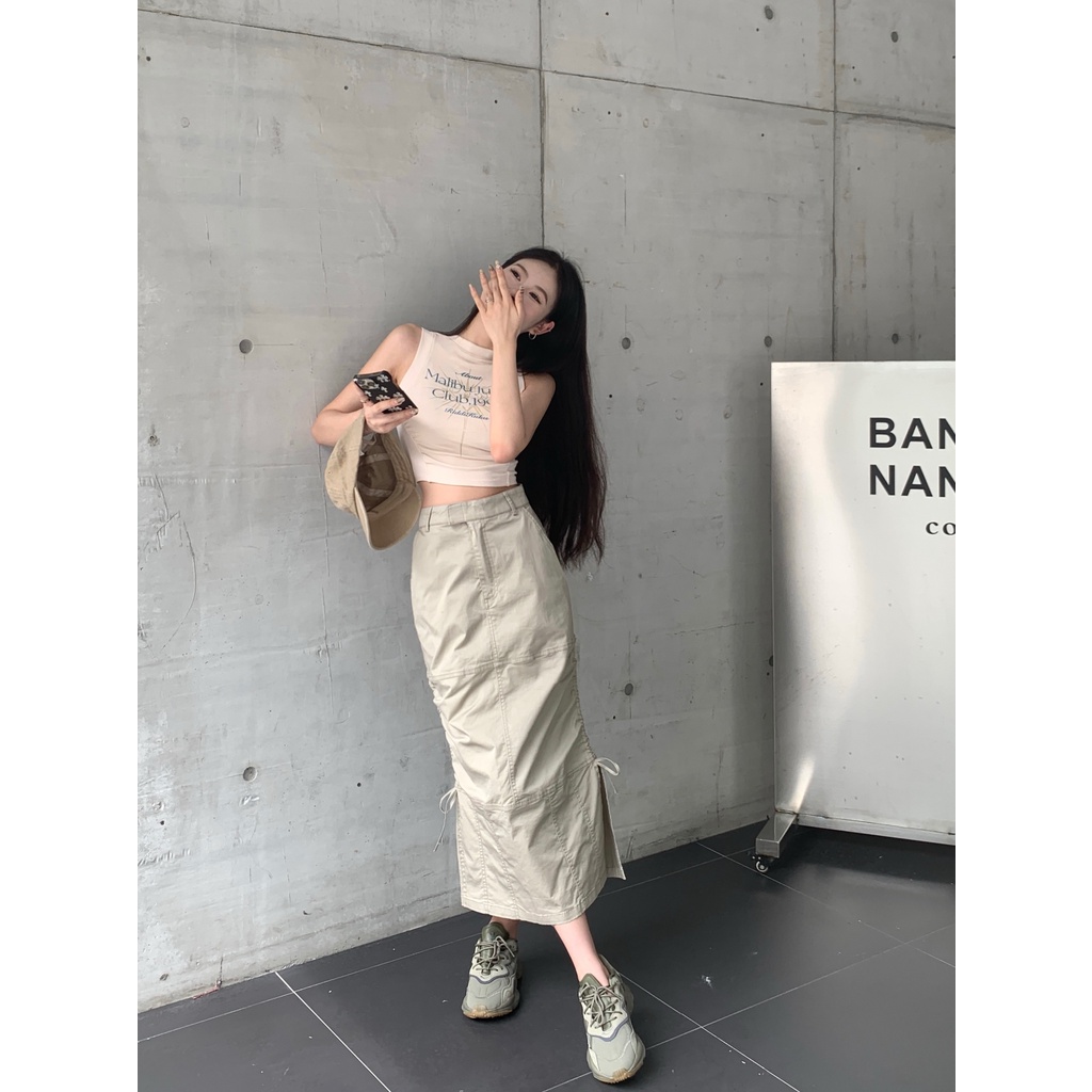 Cocory vn Set Áo Thun Không Tay + Chân Váy Chữ A Lưng Cao Xẻ Tà Thời Trang Nữ