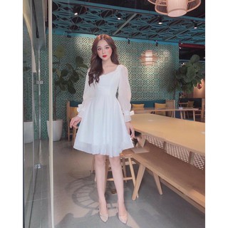 Đầm dự tiệc voan trắng tay dài thắt nơ cổ tim đính ngọc dáng xòe bánh bèo DC0041