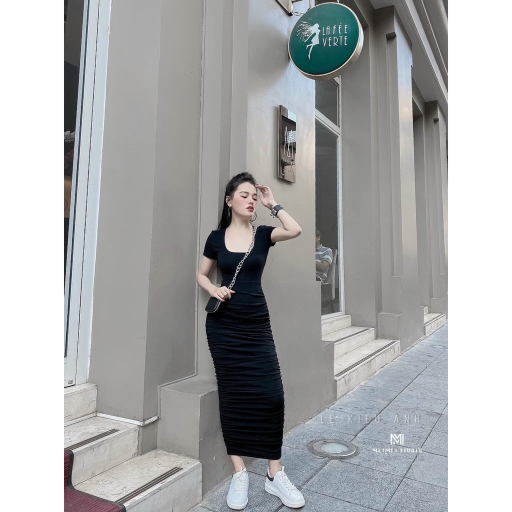 [Siêu Hot] Váy Body Thun Nhún Đan Lưng Cổ Vuông Sang Trọng - Váy Body Dáng Dài Cổ Vuông <3 | BigBuy360 - bigbuy360.vn