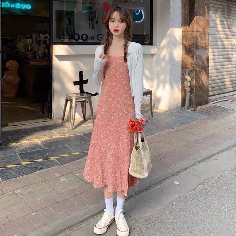 [ Order taobao] Váy dây hoa nhí dáng dài vintage xẻ, áo khoác mỏng style Hàn Quốc ullzang
