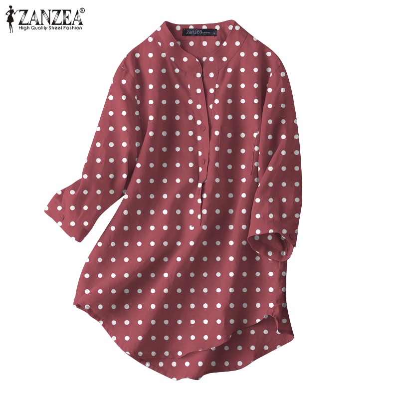 ZANZEA Áo Kiểu Cổ Tròn Tay 3 / 4 Họa Tiết Chấm Bi Phong Cách Cổ Điển Dành Cho Nữ