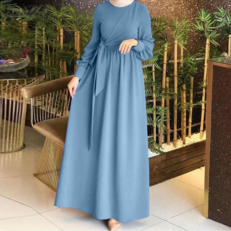 Zanzea Đầm Dài Màu Trơn Xếp Ly Cài Nút Thắt Lưng Tháo Được Thanh Lịch Cho Phụ Nữ Hồi Giáo