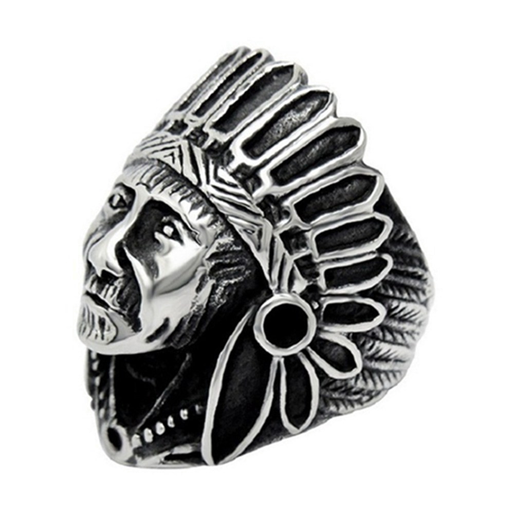 Retro Biker Cincin Paduan Pria Suku Indian Kepala Cincin Kepala Punk Rocker Tokoh Perhiasan