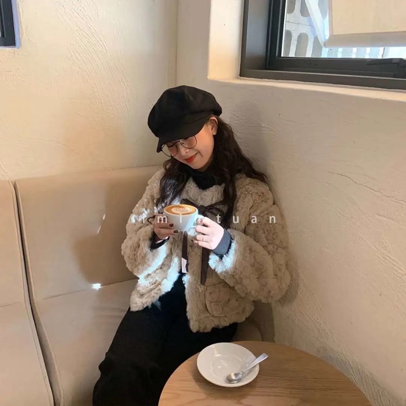 Áo khoác lông ulzzang cổ bẻ nơ ngực