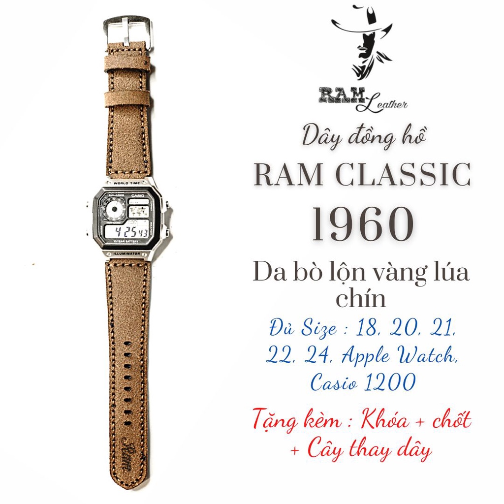 Dây đồng hồ RAM Leather 1960 cho CASIO 1200, AE 1200, 1300, 1100, A159 , A168 , Size 18 da bò lộn nâu đậm