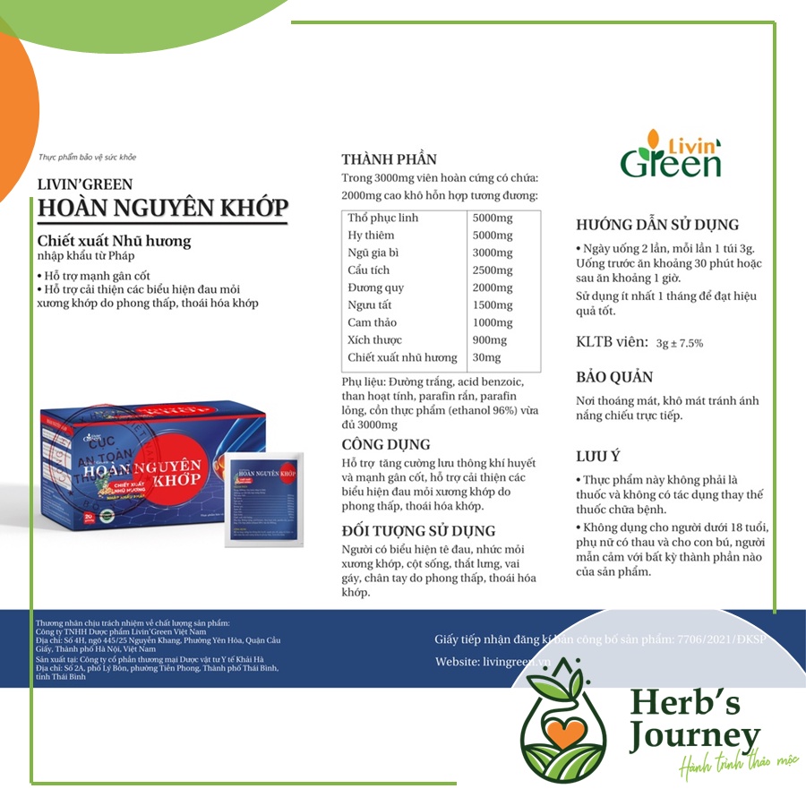 Viên uống Hoàn Nguyên Khớp - Thành phần từ thảo mộc - CT TNHH Livin' Green - Mạnh gân cốt, giảm đau mỏi cơ xương khớp