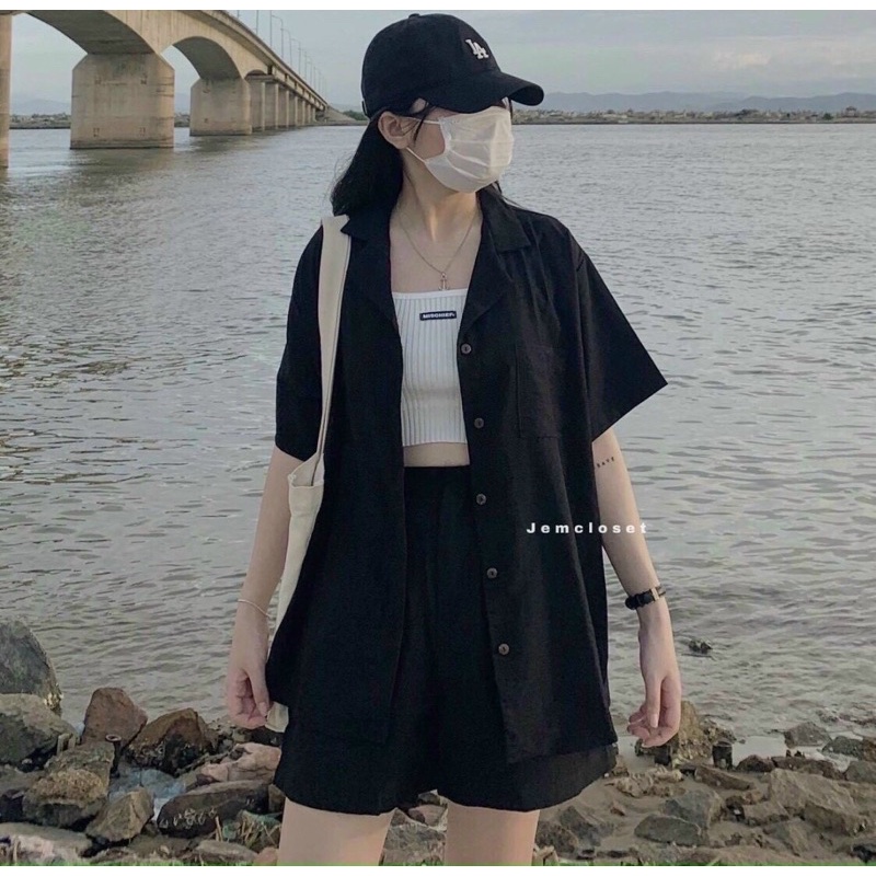 set áo sơ mi cổ vest kèm quần đùi nữ kiểu hàn quốc