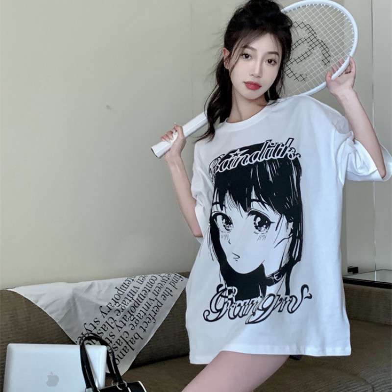 Áo Thun Nữ Tay Ngắn Dáng Rộng In Hình Chân Dung Anime Dễ Thương