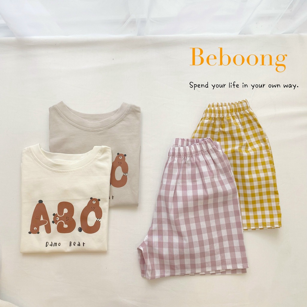 Bộ cotton bé gái mềm mát, bộ thun bé gái vải cotton quần caro cá tính