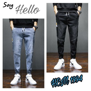 Quần jean jogger thương hiệu form rộng họa tiết dọc phong cách Hàn