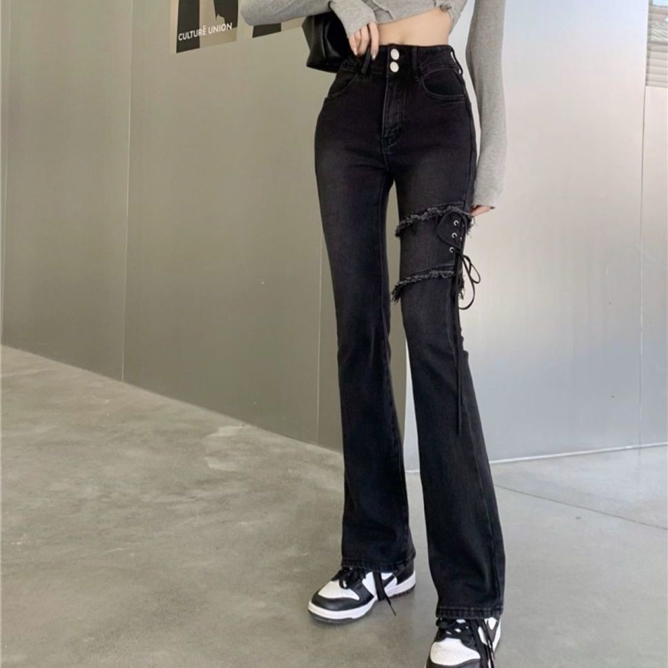 Quần denim nữ màu đen ống loe phong cách cổ điển