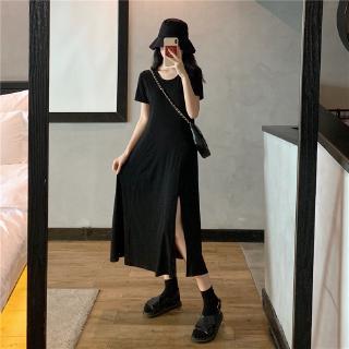 Đầm Dài Qua Gối Tay Lỡ Màu Đen Xẻ Tà Đơn Giản Phong Cách Hàn Quốc