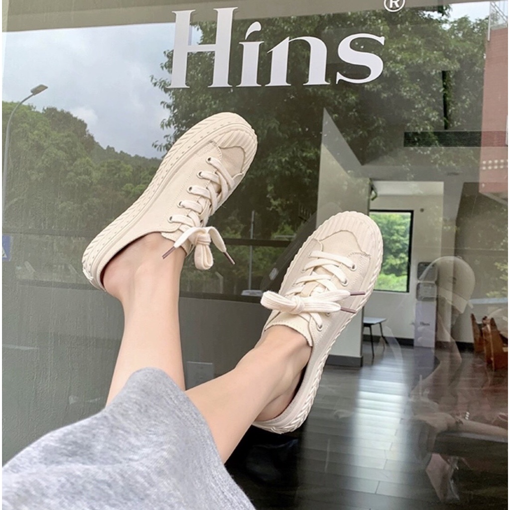 Giày sục thể thao nữ đạp gót màu trắng trơn vải canvas đế độn cao 3cm - LAPA