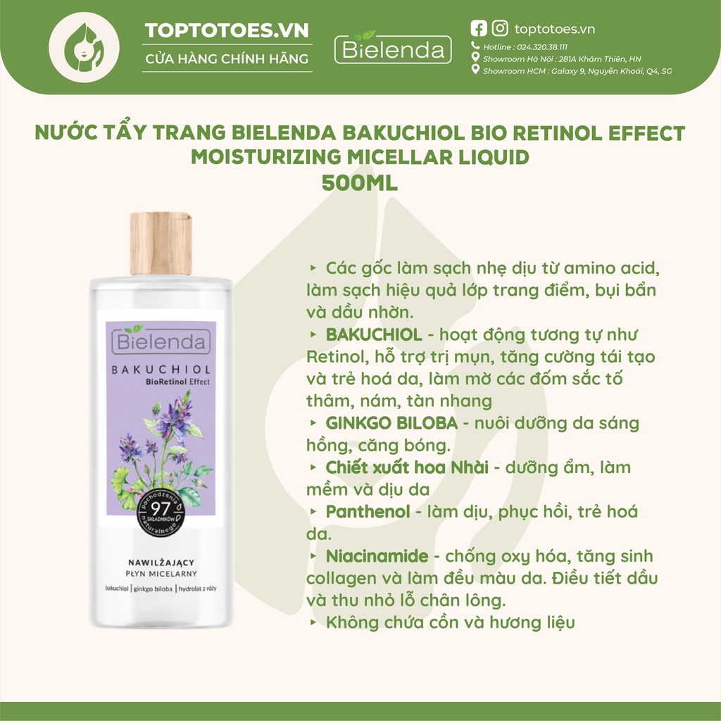 Nước tẩy trang Bielenda Bakuchiol Bio Retinol Effect Moisturizing Micellar Liquid 500ml làm sạch và trẻ hóa da