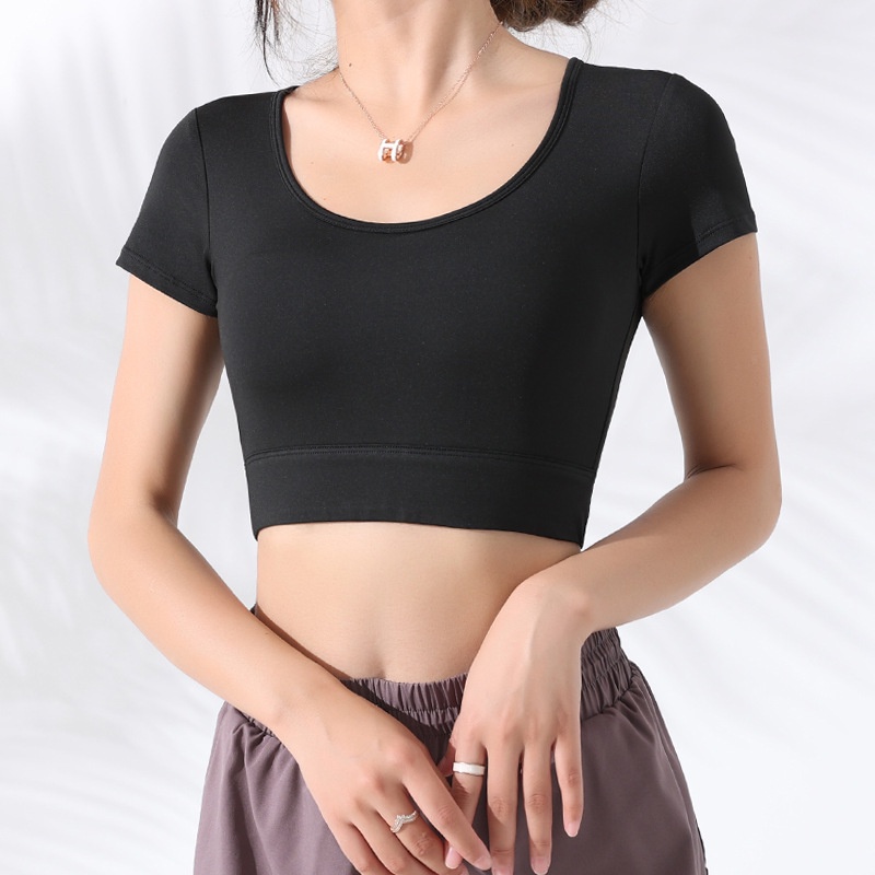 Áo thun tay ngắn với đệm lưới kiểu rỗng tập yoga cho nữ