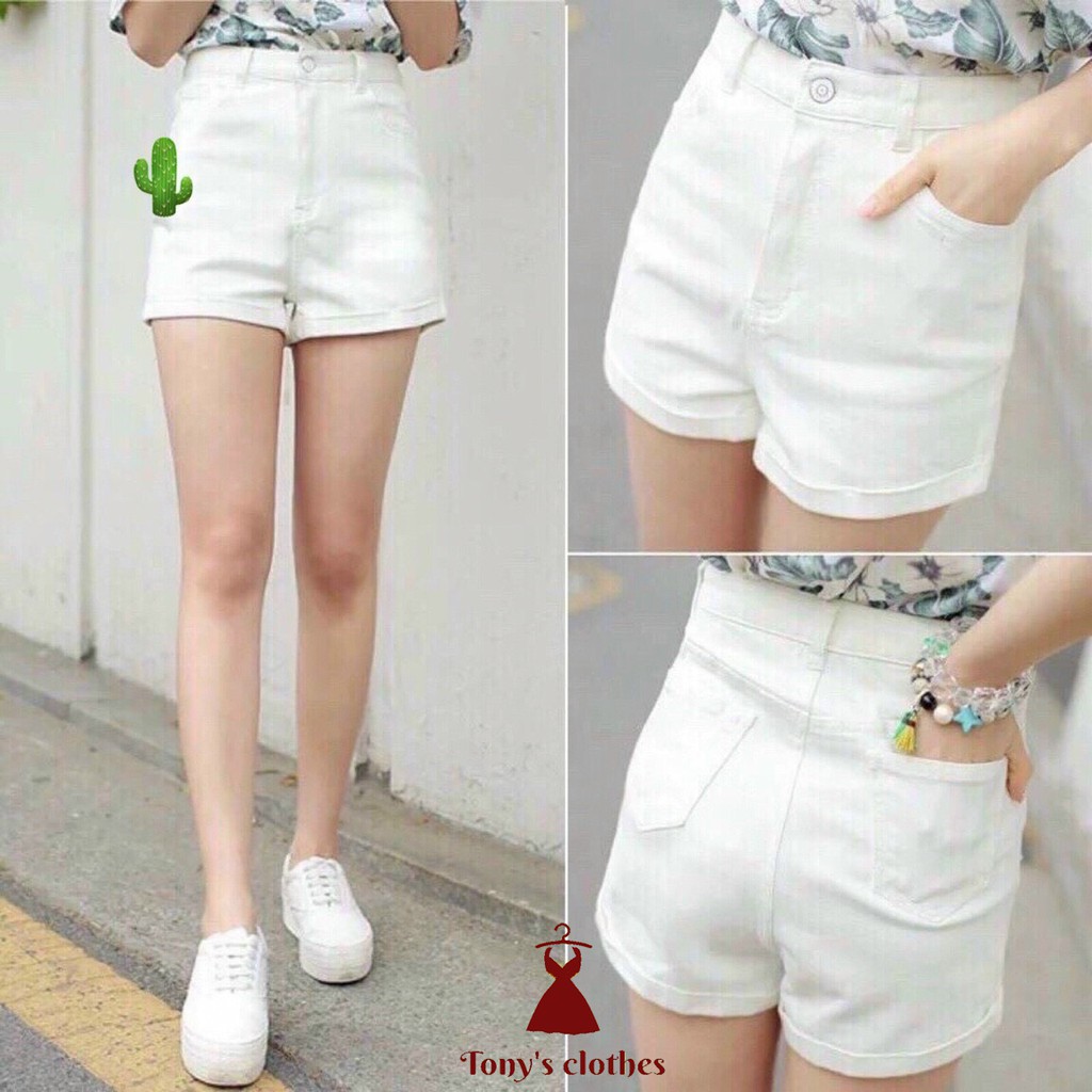 Quần short trắng đen nữ vải kaki jean co giãn lưng cao hàn quốc lật gấu cạp cao | BigBuy360 - bigbuy360.vn