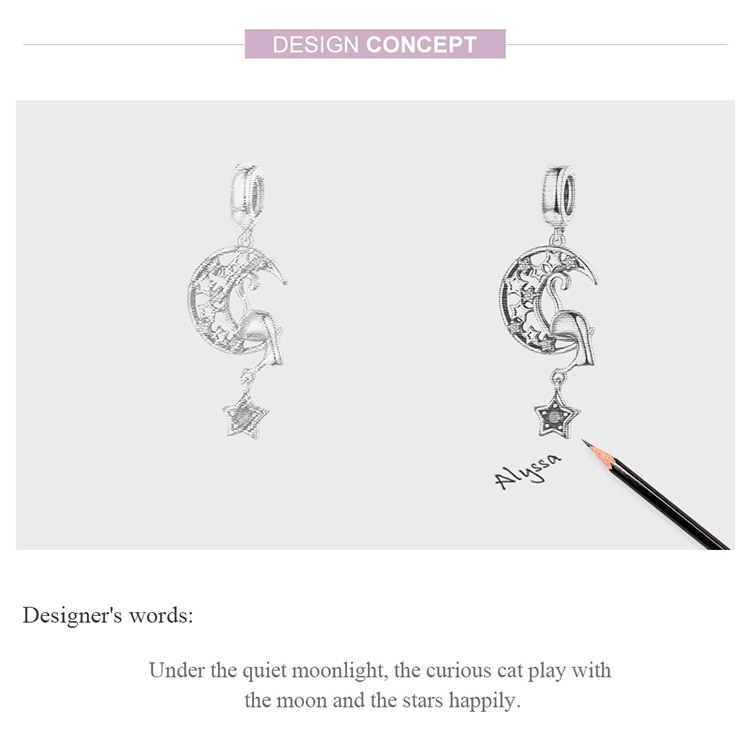Charm Bamoer SCC1205 Bằng Bạc 925 Hình Mặt Trăng Ngôi Sao Và Mèo Vintage Dùng Làm Vòng Tay/dây Chuyền