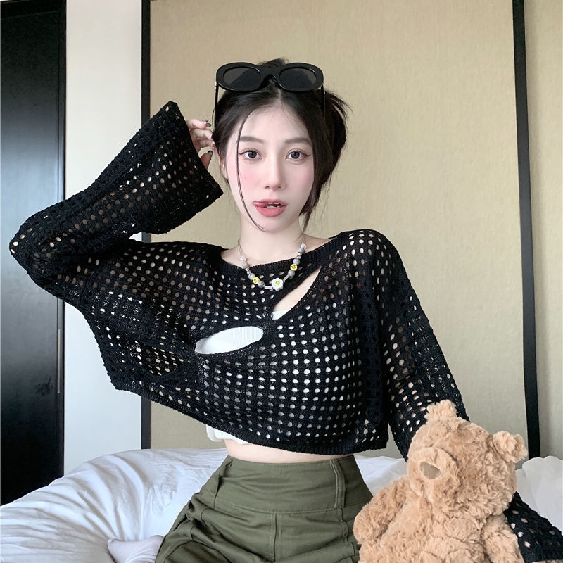 Bộ đồ COZOKC gồm áo lưới khoác ngoài và áo hai dây thời trang quyến rũ cho nữ