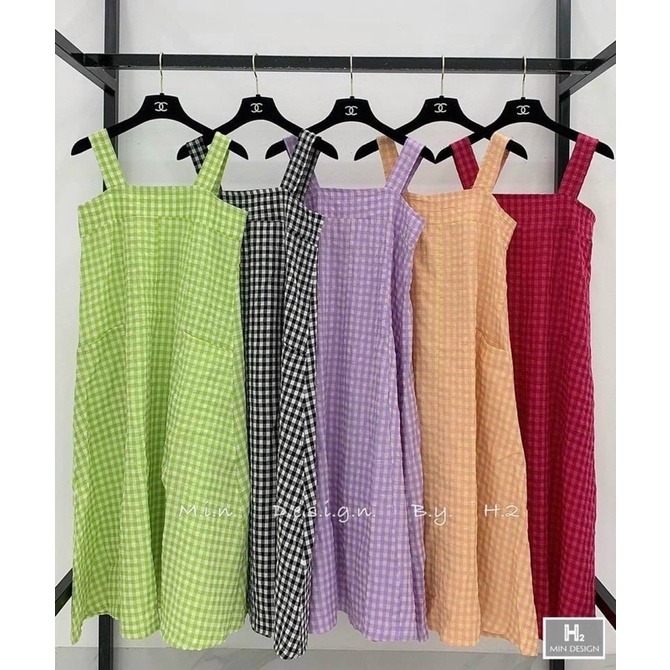 Váy suông đũi xốp kẻ karo đen hồng xanh vàng 2 dây