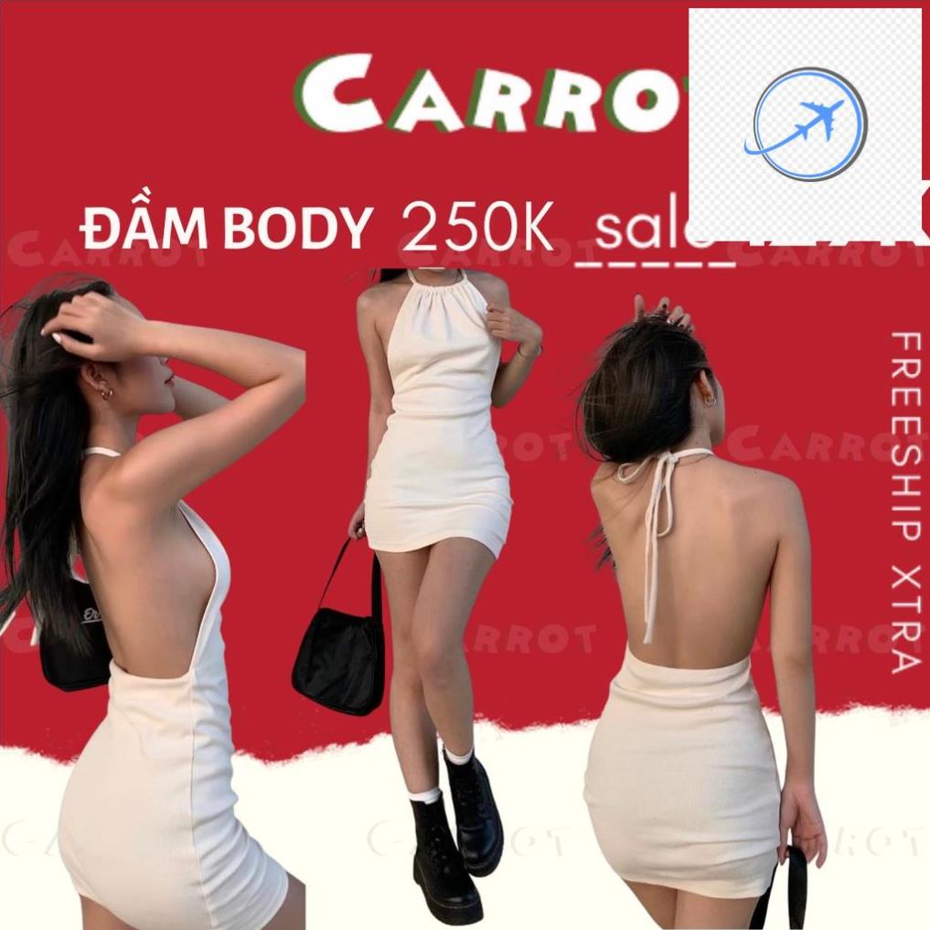 🐨🐖 ◘Đầm body sexy hở lưng eo váy ôm cổ yếm vai cột dây quyến rũ sang chảnh màu trắng thun gân carrotxinhdep 🐨🐖