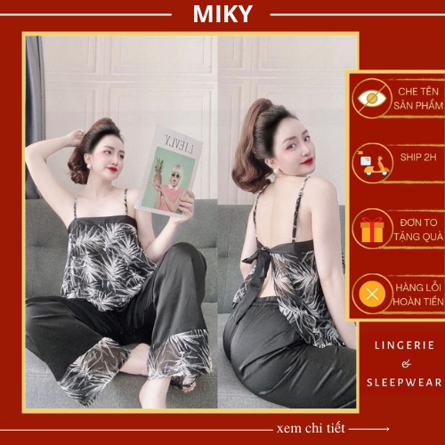 Đồ Bộ Mặc Nhà Hai Dây Mix Quần Dài Nữ Đồ Ngủ Nữ Họa Tiết Lá Cây Chất Liệu Lụa Cao Cấp Freesize