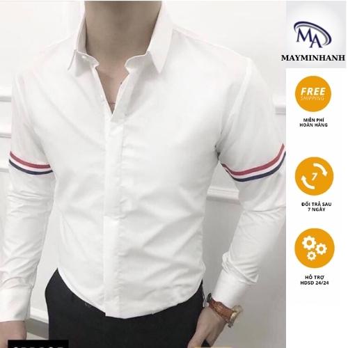 Áo sơ mi nam dài tay Hàn Quốc, Phối viền tay Quốc dân vải lụa co giãn chống nhăn