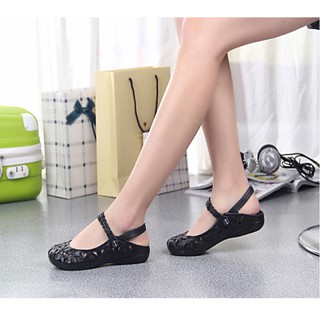 Dép quai hậu đế phẳng bít ngón mũi tròn họa tiết lưới bằng chất liệu nhựa dành cho nữ đi chơi biển