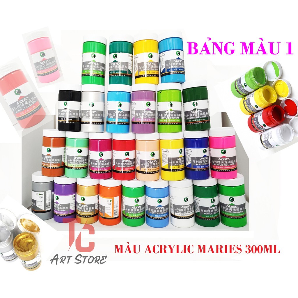 Màu Vẽ Acrylic MARIES 300ml - Full Bảng Màu (BẢNG MÀU 1)