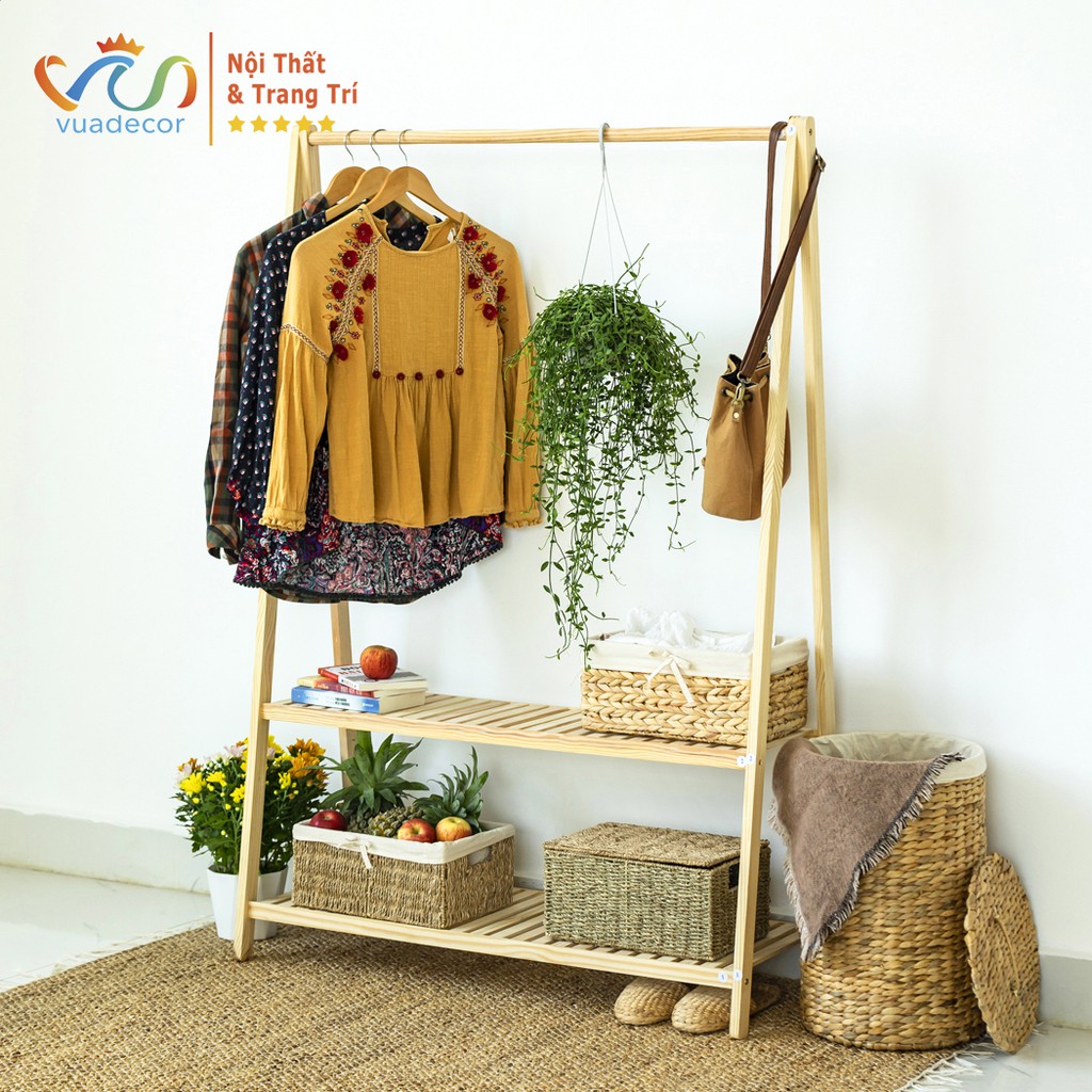 Giá treo quần áo gỗ VUADECOR 2 tầng 2FL phong cách Hàn Quốc gỗ thông tự nhiên