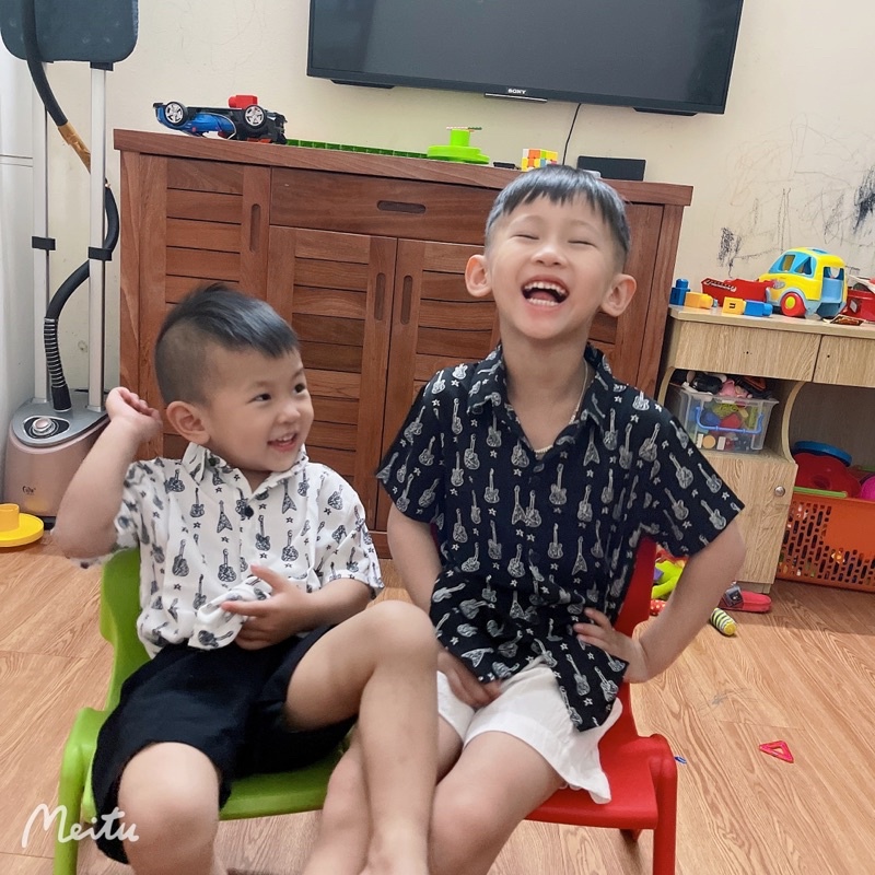 Áo sơ mi lụa bé trai, set sơ mi lụa bé trai, quần đũi thô bé trai