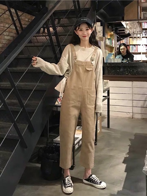 [KÈM ẢNH THẬT + SẴN] quần yếm kaki dài túi ngực ulzzang hàn quốc basic màu be đậm | BigBuy360 - bigbuy360.vn