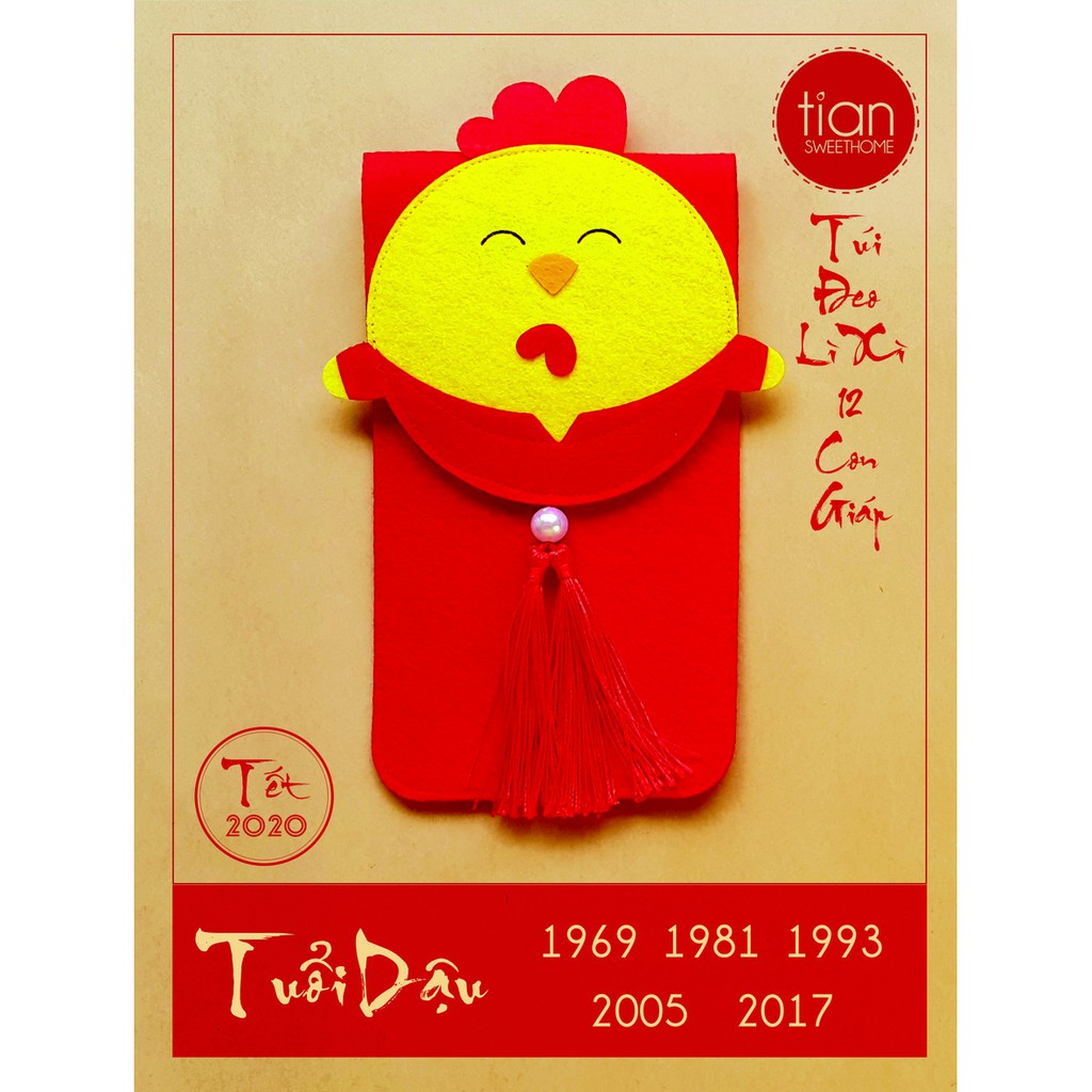 TÚI ĐEO LÌ XÌ  HANDMADE 12 CON GIÁP: DẬU