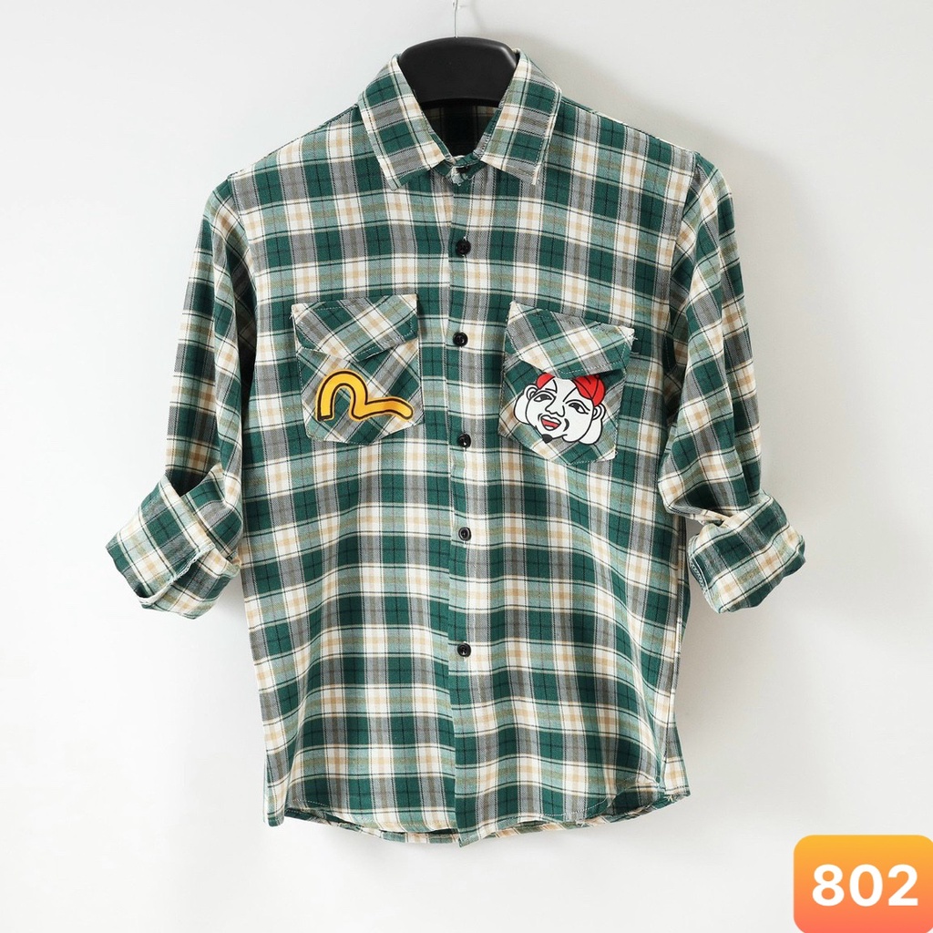 Áo sơ mi nam cao cấp chất liệu cotton đẹp họa tiết karo màu xanh dài tay kiểu dáng hàn quốc evisu Lavado43 mẫu mới