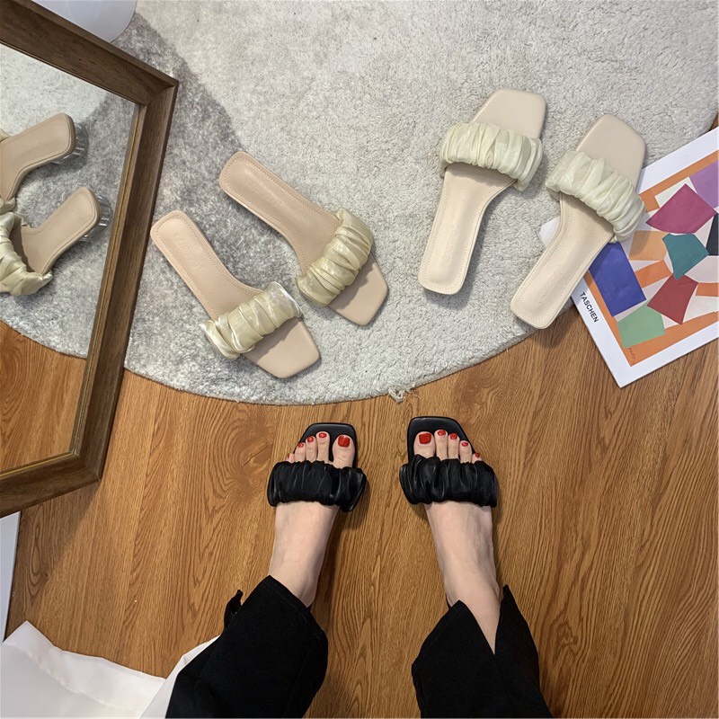 Dép lê nữ quai bèo gót 3p chất lụa mẫu mới lên chân cực xinh mã V59