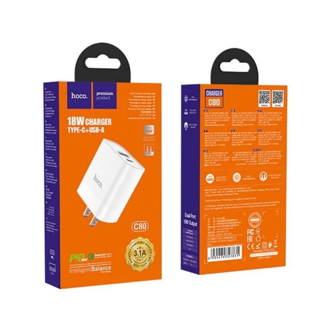 Củ sạc nhanh HOCO C80 2 cổng ( USB + TypeC ) PD 18W, sạc nhanh 3.1A, Qualcomm 3.0