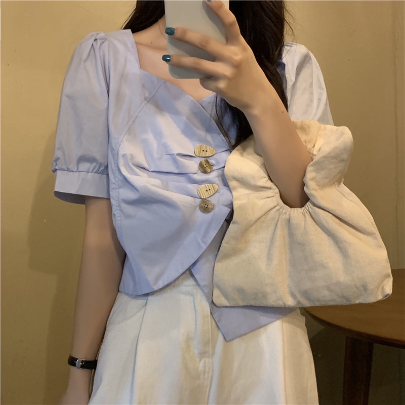 Áo Sơ Mi Tay Ngắn Phồng Cổ Chữ V Màu Trắng Thời Trang Mùa Hè Hàng Mới Dành Cho Bạn Nữ