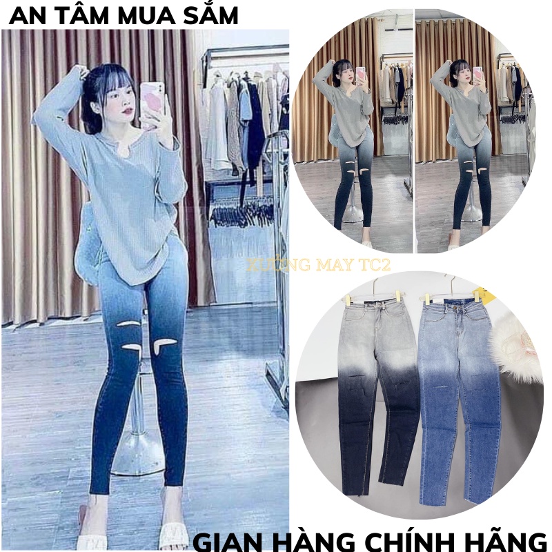 Quần jeans ôm loang đen rách gối co giãn kèm ảnh thật XƯỞNGMAYTC2