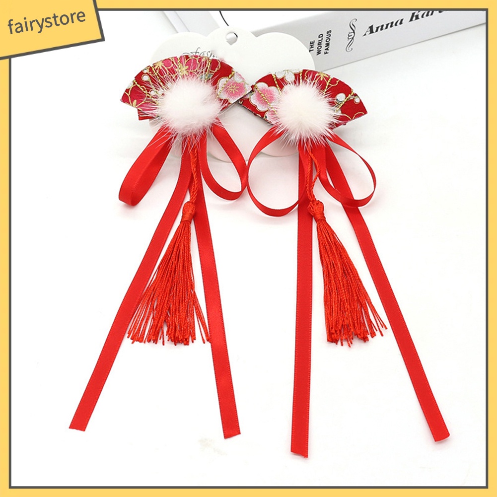 1 Cặp Kẹp Tóc Hình Quạt Phối Tua Rua Phong Cách Trung Hoa Cho Bé Gái