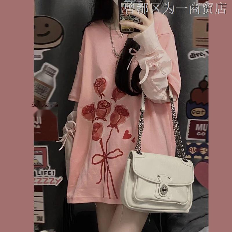 Áo Thun Tay Ngắn Dáng Rộng In Họa Tiết Hoa Hồng Thời Trang Mùa Hè Phong Cách Hàn Quốc