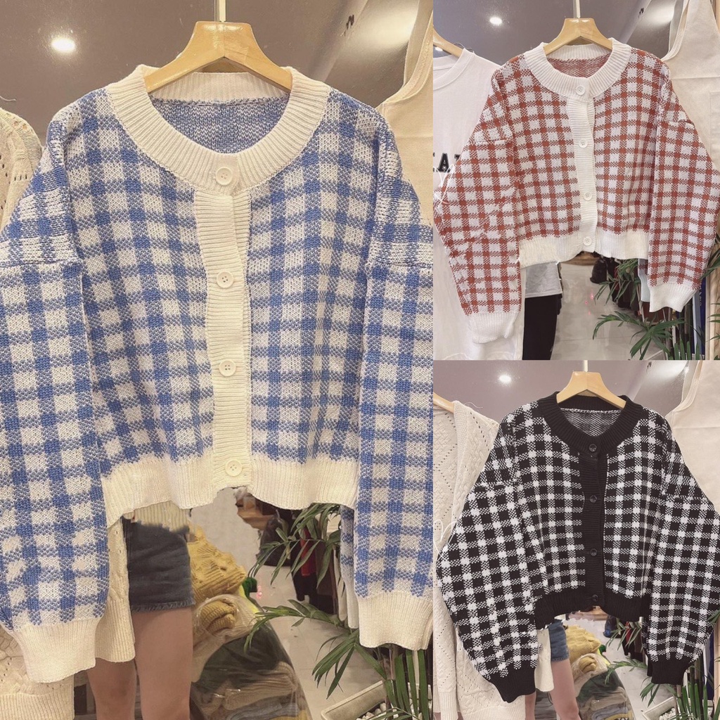 Áo cadigan croptop họa tiết kẻ caro chất len dày dặn hottrend Lady Xinh - A144