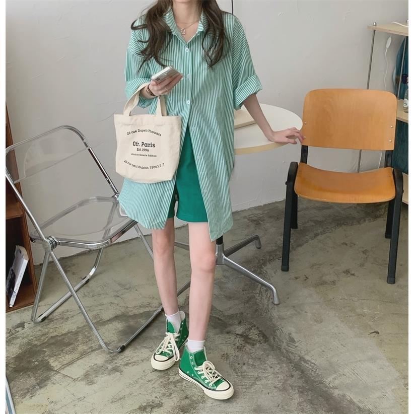 №Áo sơ mi tay ngắn họa tiết kẻ sọc phong cách Hàn Quốc thời trang mùa hè cho nữ 2021
