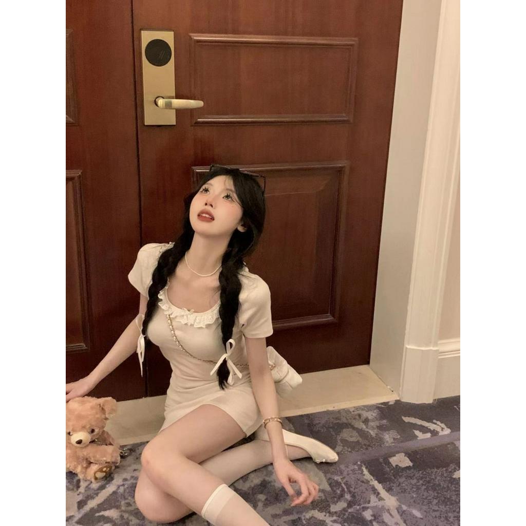 Đầm Dệt Kim Ngắn Tay Viền Ren Thời Trang Hàn Quốc Gợi Cảm Cho Nữ